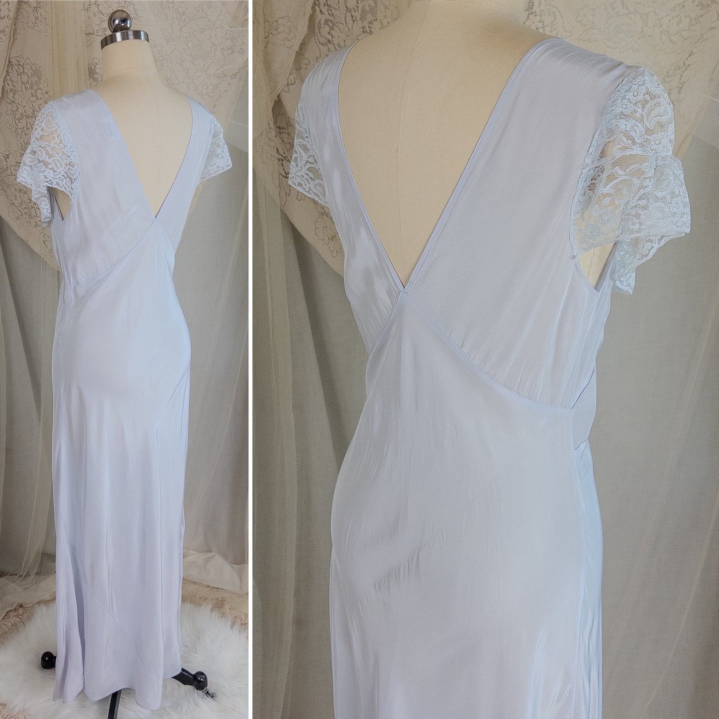 1940's Nightgown - Periwinkle Blue Rayon with Floral Lace & Keyhole Neckline by Lady Edso | Small, Medium - Daggers & Dames
