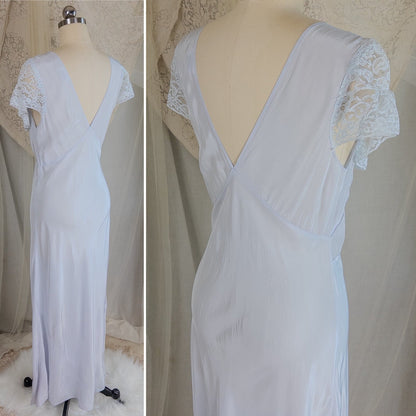 1940's Nightgown - Periwinkle Blue Rayon with Floral Lace & Keyhole Neckline by Lady Edso | Small, Medium - Daggers & Dames