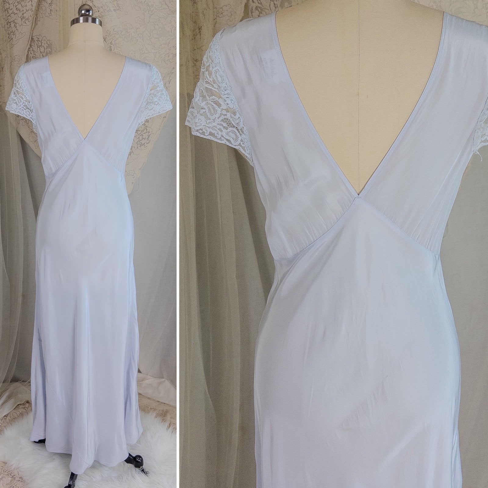 1940's Nightgown - Periwinkle Blue Rayon with Floral Lace & Keyhole Neckline by Lady Edso | Small, Medium - Daggers & Dames