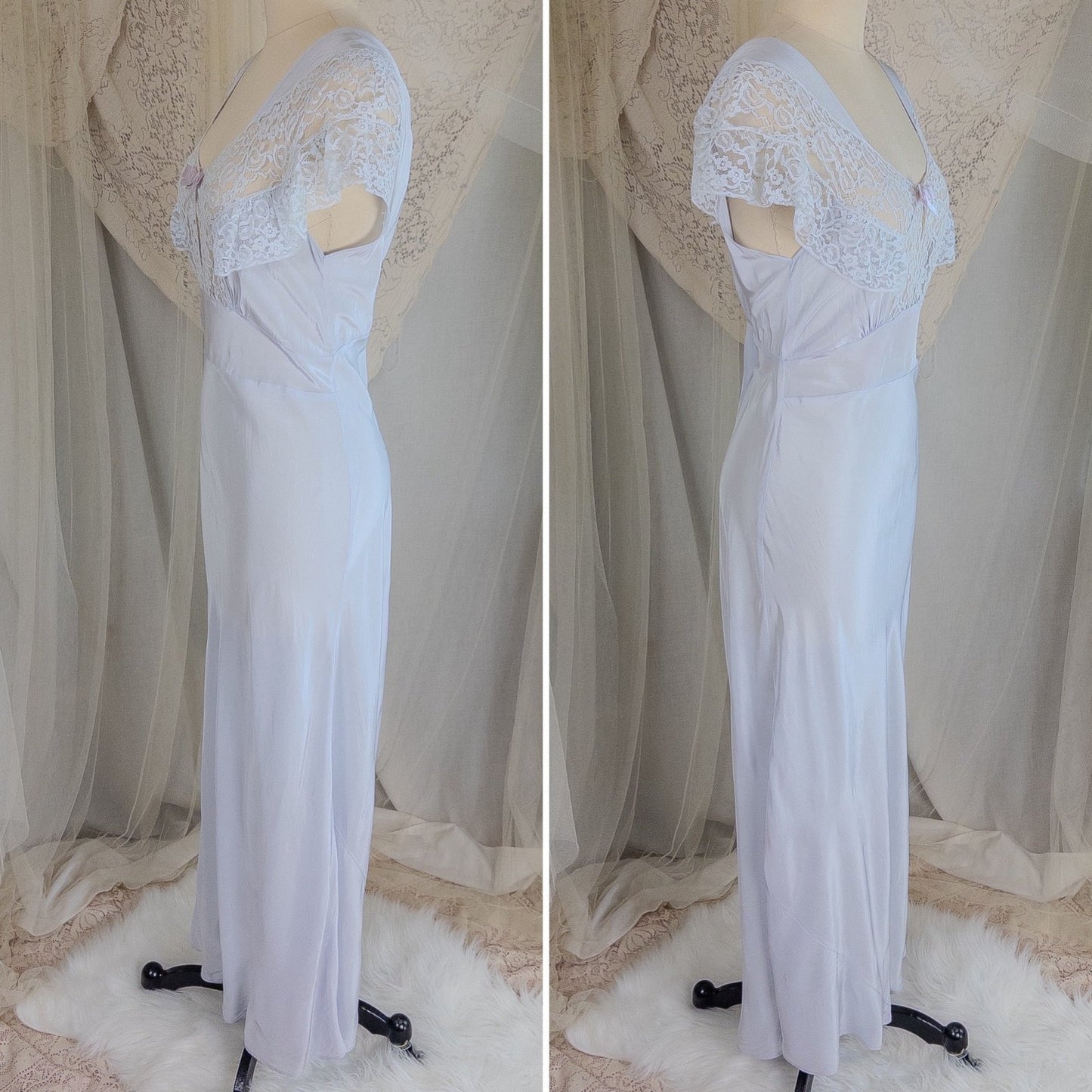 1940's Nightgown - Periwinkle Blue Rayon with Floral Lace & Keyhole Neckline by Lady Edso | Small, Medium - Daggers & Dames