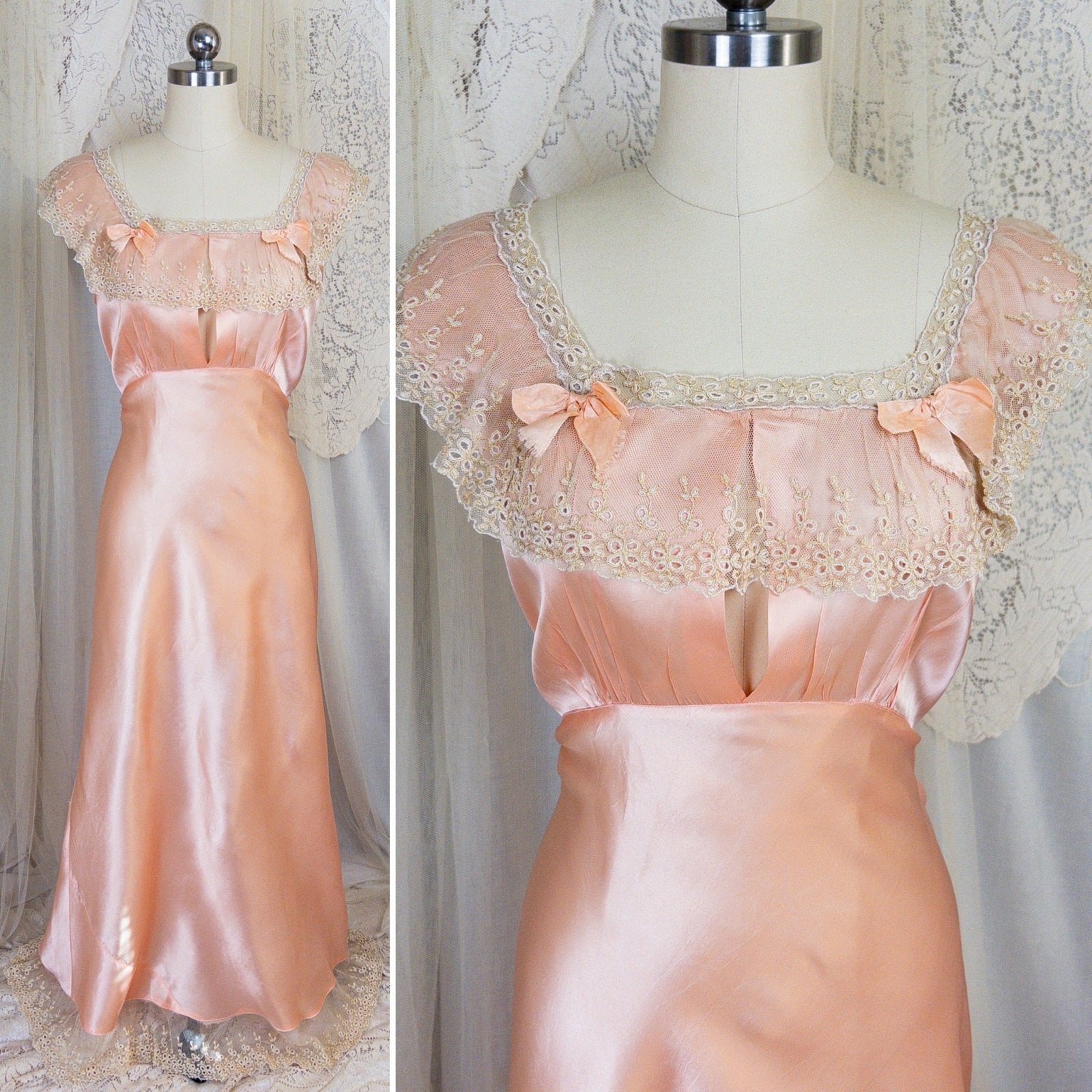 1940's Nightgown - Rich Blush Pink Rayon Satin with Ruffled Cotton Tulle - Daggers & Dames