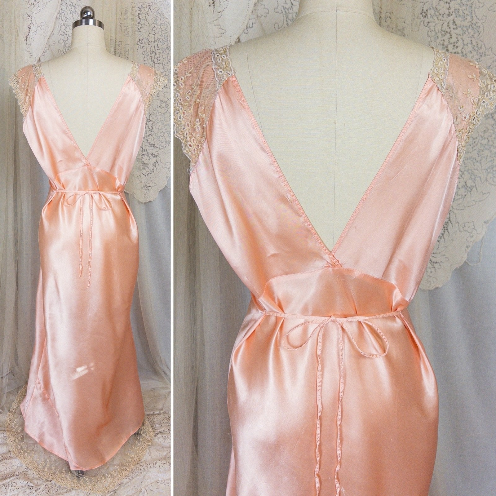 1940's Nightgown - Rich Blush Pink Rayon Satin with Ruffled Cotton Tulle - Daggers & Dames
