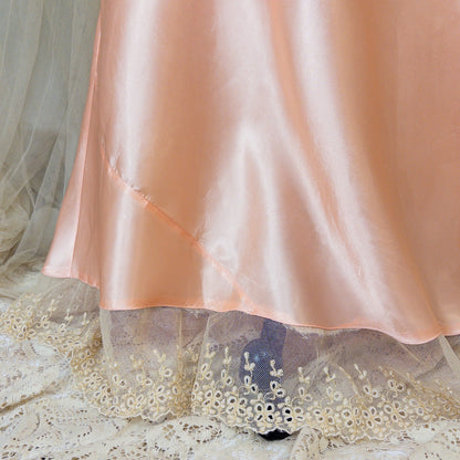 1940's Nightgown - Rich Blush Pink Rayon Satin with Ruffled Cotton Tulle - Daggers & Dames