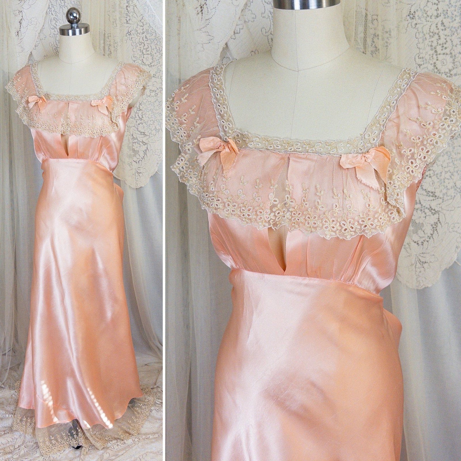 1940's Nightgown - Rich Blush Pink Rayon Satin with Ruffled Cotton Tulle - Daggers & Dames