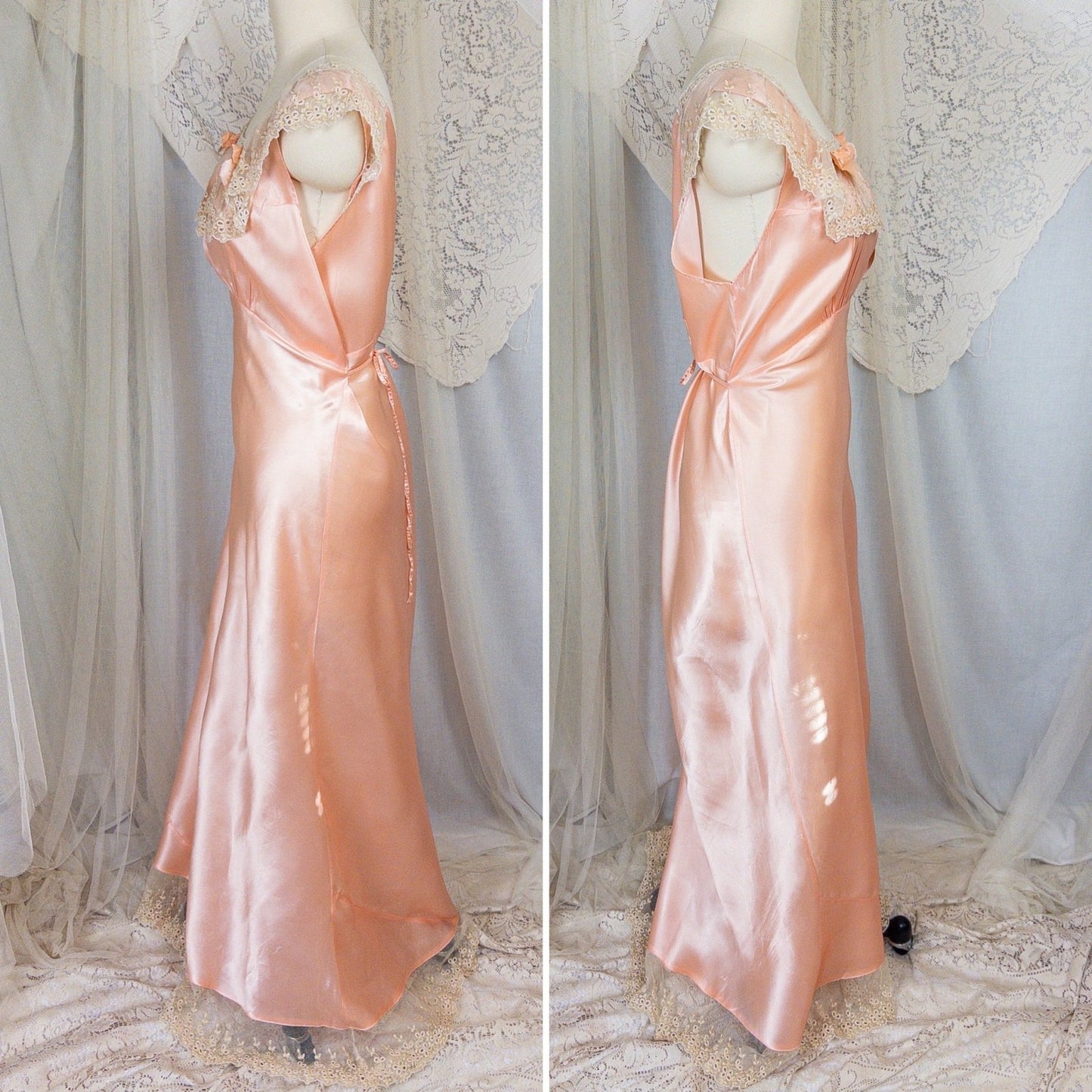 1940's Nightgown - Rich Blush Pink Rayon Satin with Ruffled Cotton Tulle - Daggers & Dames