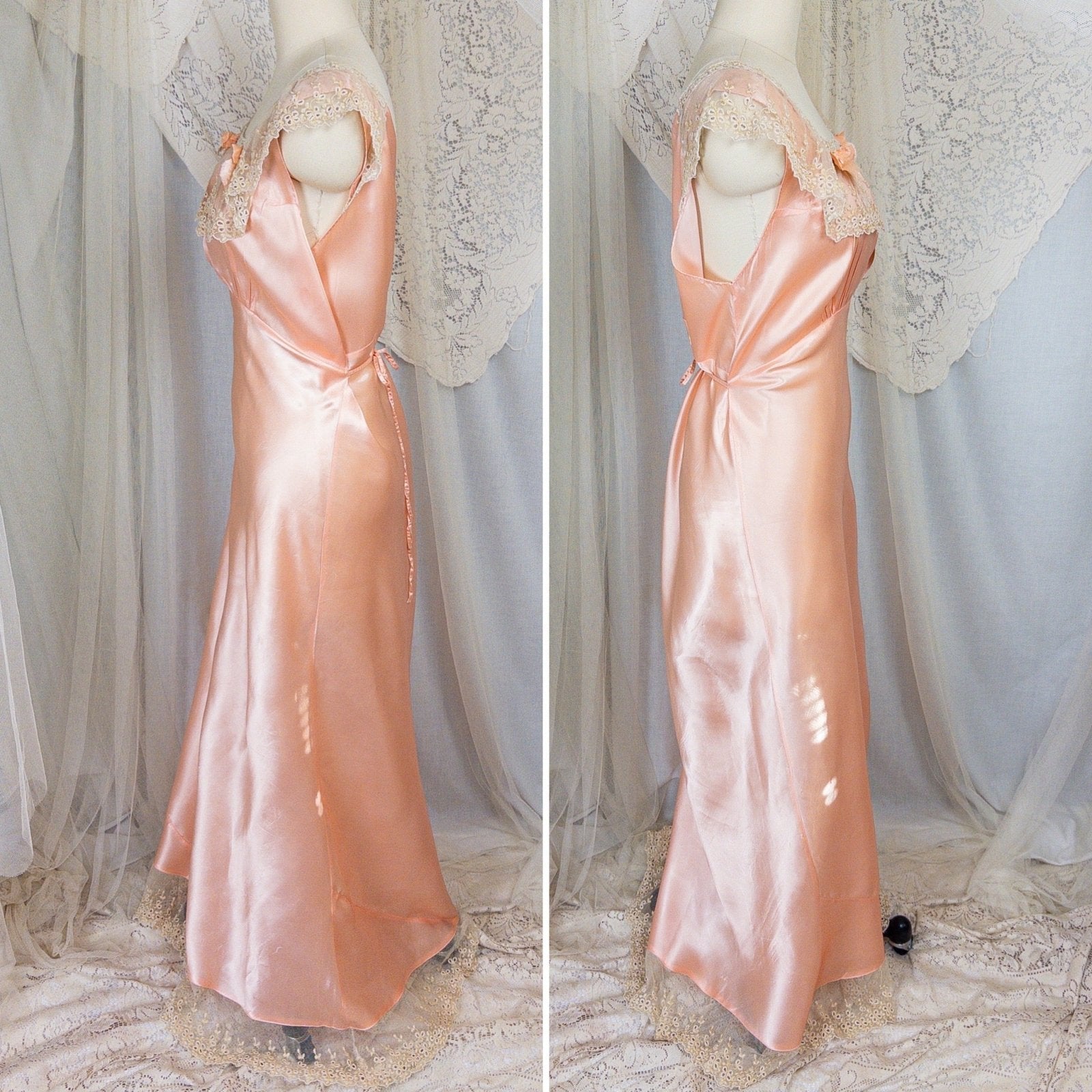 1940's Nightgown - Rich Blush Pink Rayon Satin with Ruffled Cotton Tulle - Daggers & Dames