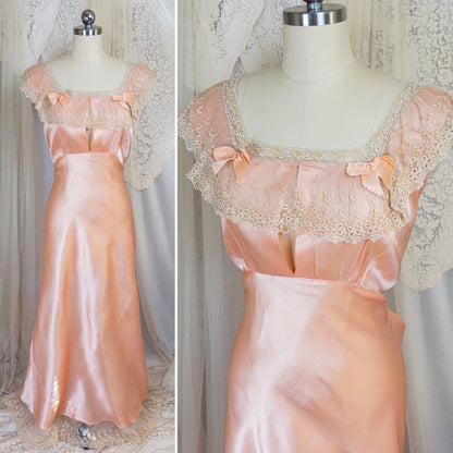 1940's Nightgown - Rich Blush Pink Rayon Satin with Ruffled Cotton Tulle - Daggers & Dames