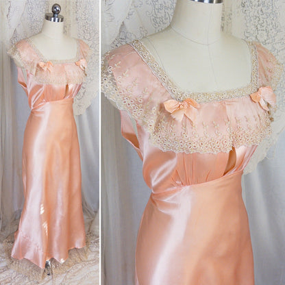 1940's Nightgown - Rich Blush Pink Rayon Satin with Ruffled Cotton Tulle - Daggers & Dames