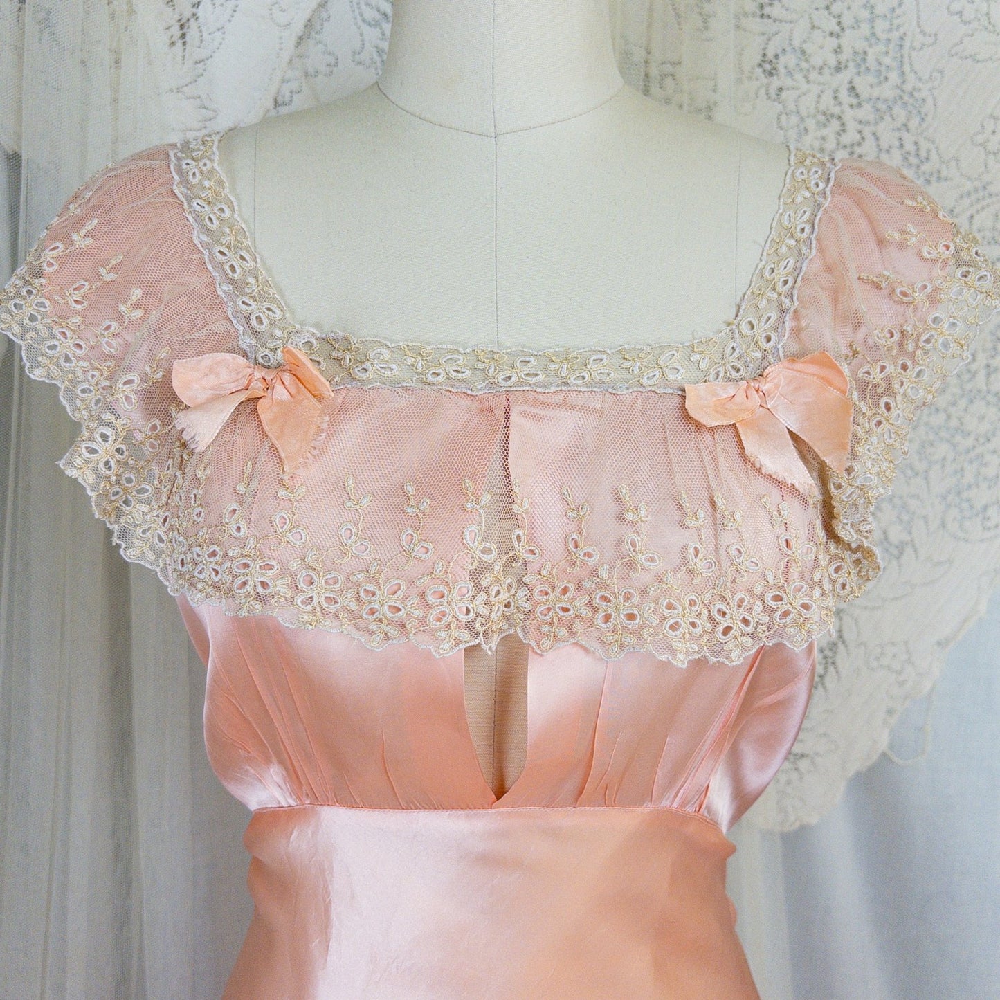 1940's Nightgown - Rich Blush Pink Rayon Satin with Ruffled Cotton Tulle - Daggers & Dames
