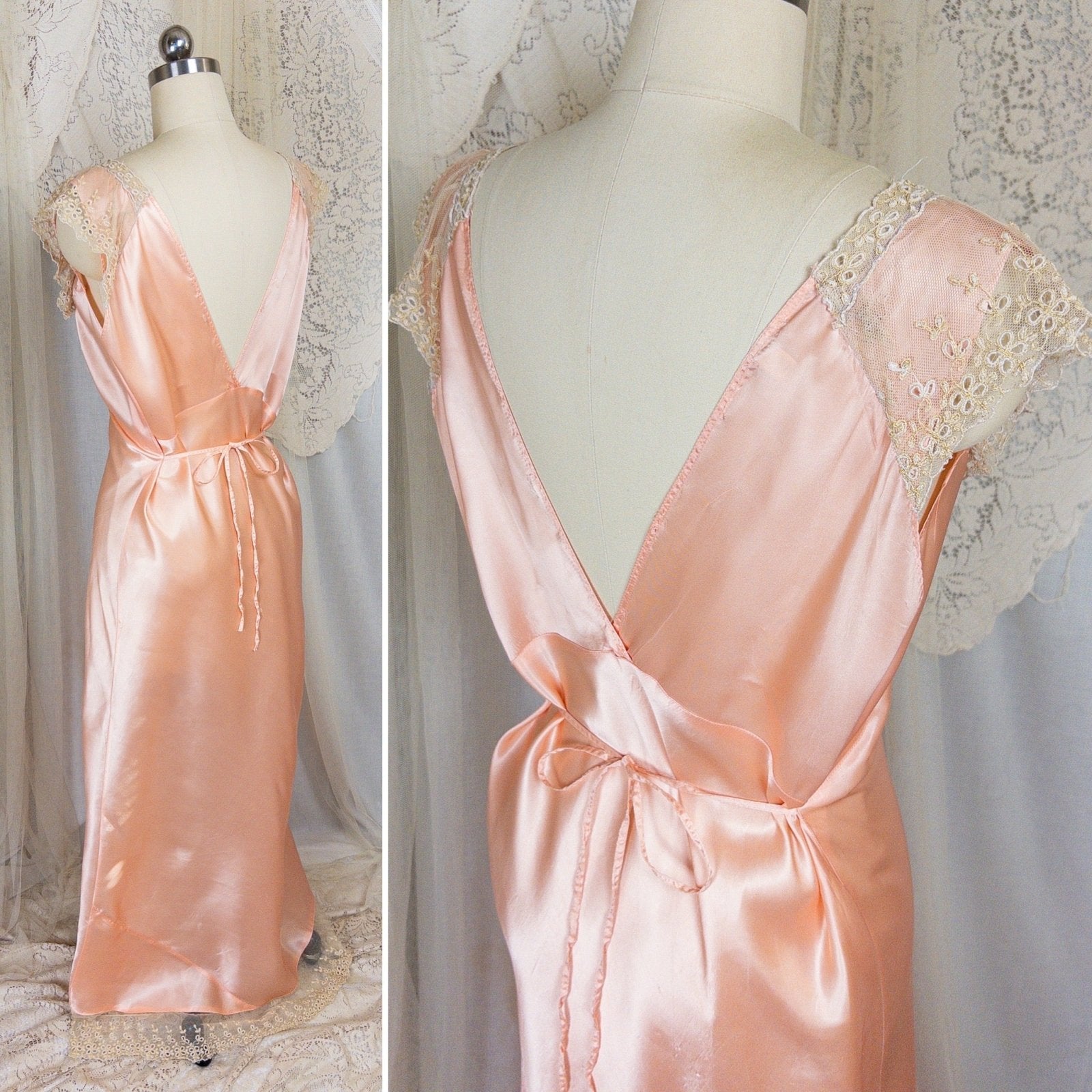 1940's Nightgown - Rich Blush Pink Rayon Satin with Ruffled Cotton Tulle - Daggers & Dames