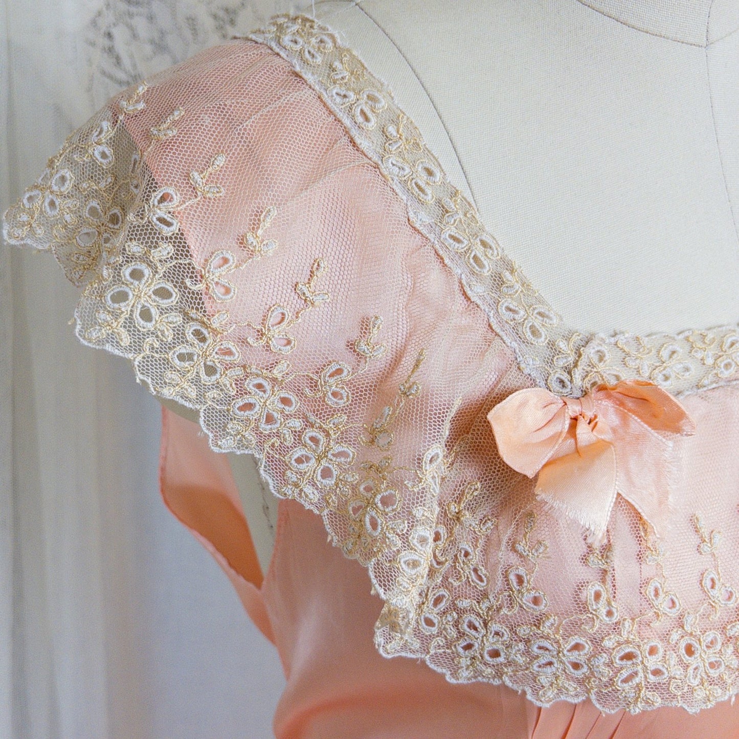 1940's Nightgown - Rich Blush Pink Rayon Satin with Ruffled Cotton Tulle - Daggers & Dames