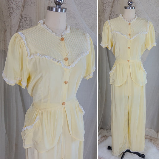 1940's Pajama Set - Daffodil Yellow Rayon with Ruffled White Lace by Seamprufe | Small, Medium - Daggers & Dames