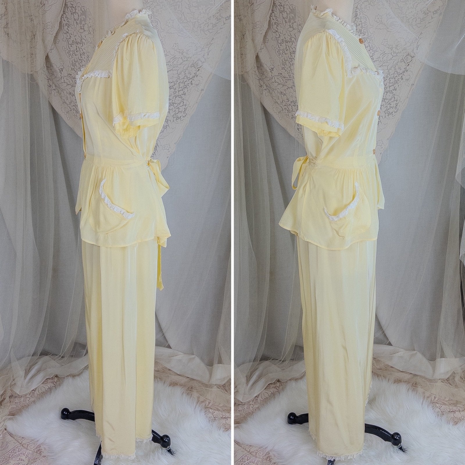 1940's Pajama Set - Daffodil Yellow Rayon with Ruffled White Lace by Seamprufe | Small, Medium - Daggers & Dames