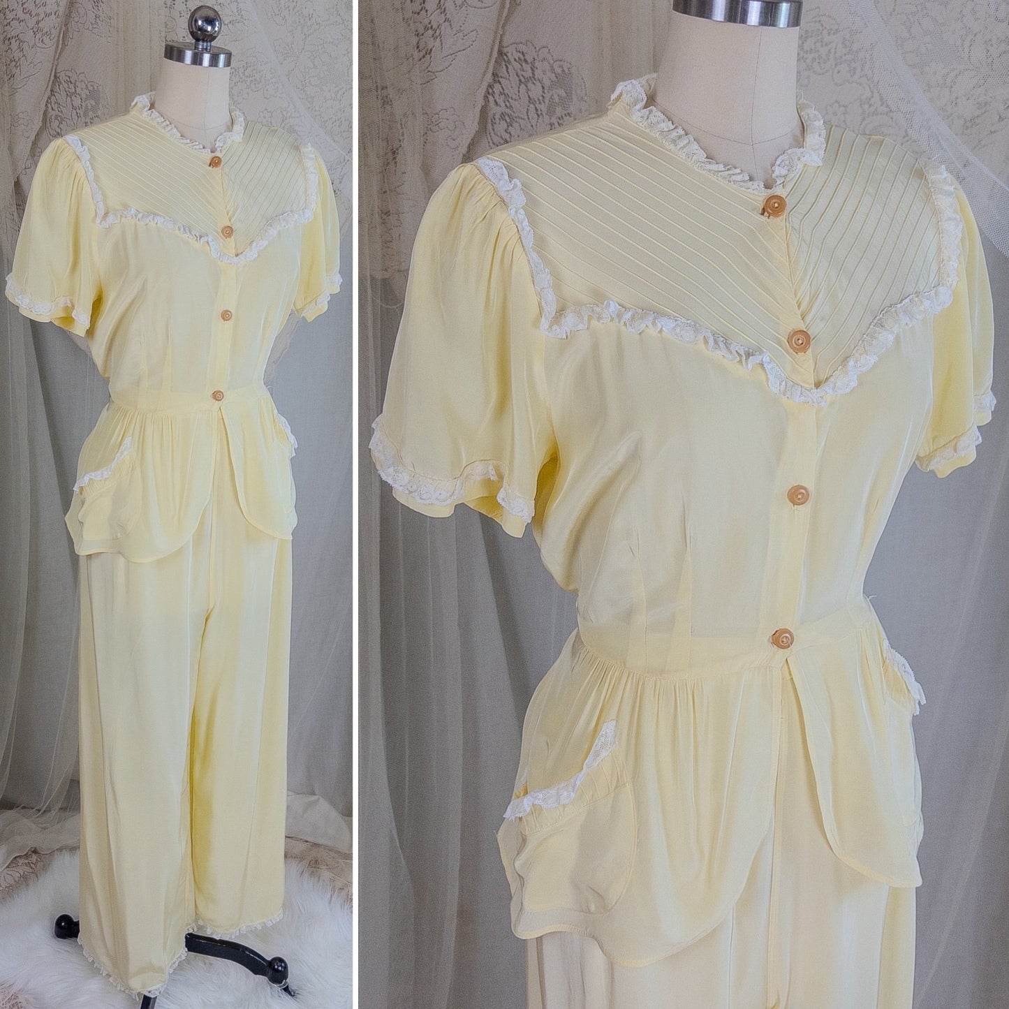 1940's Pajama Set - Daffodil Yellow Rayon with Ruffled White Lace by Seamprufe | Small, Medium - Daggers & Dames