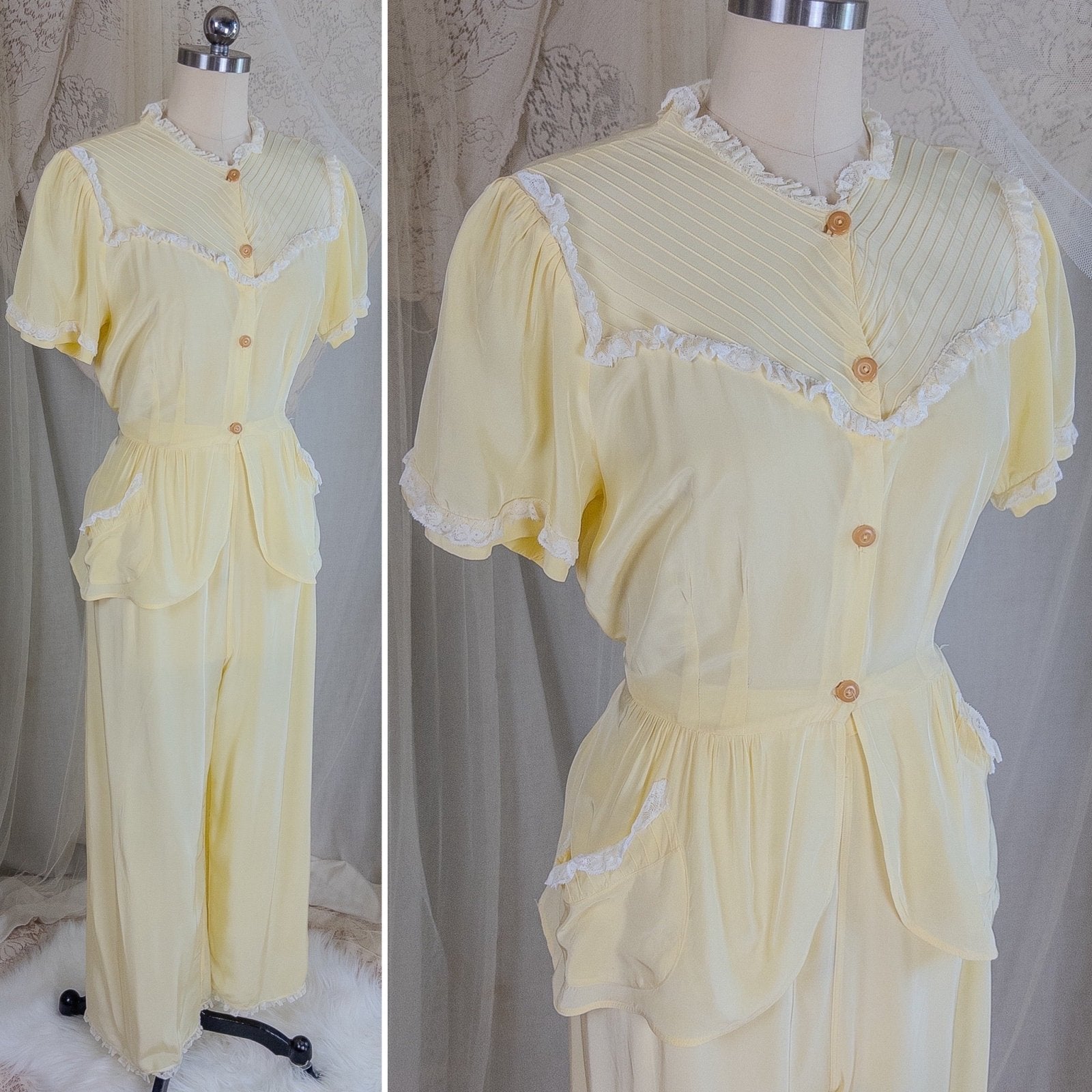 1940's Pajama Set - Daffodil Yellow Rayon with Ruffled White Lace by Seamprufe | Small, Medium - Daggers & Dames