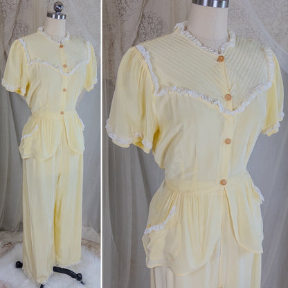 1940's Pajama Set - Daffodil Yellow Rayon with Ruffled White Lace by Seamprufe | Small, Medium - Daggers & Dames
