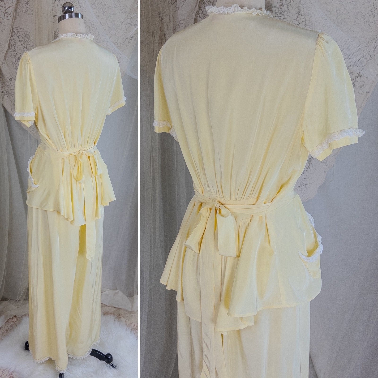 1940's Pajama Set - Daffodil Yellow Rayon with Ruffled White Lace by Seamprufe | Small, Medium - Daggers & Dames