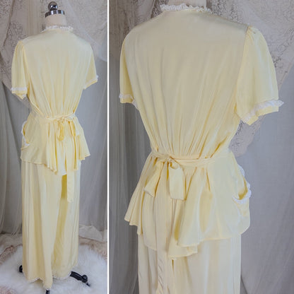 1940's Pajama Set - Daffodil Yellow Rayon with Ruffled White Lace by Seamprufe | Small, Medium - Daggers & Dames