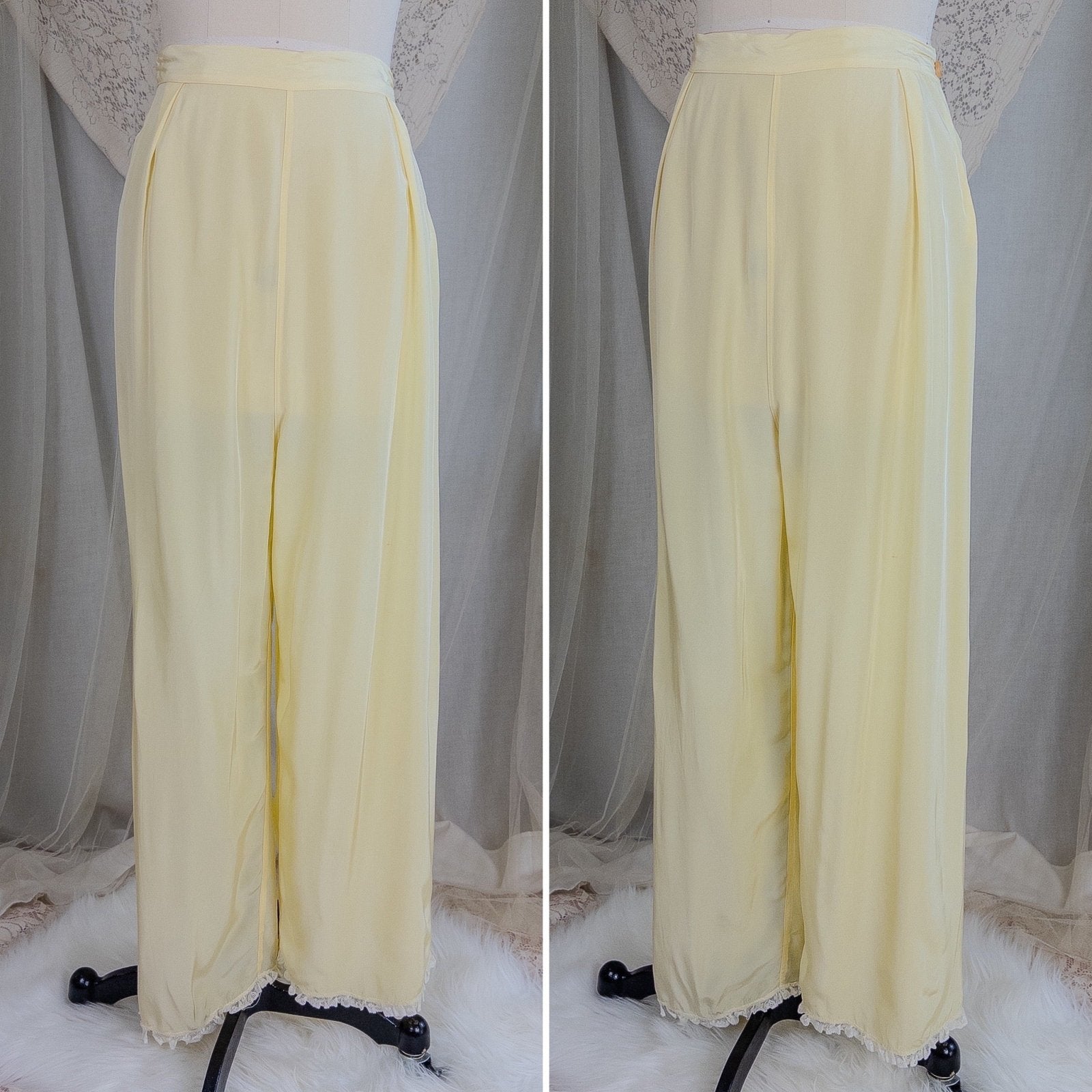 1940's Pajama Set - Daffodil Yellow Rayon with Ruffled White Lace by Seamprufe | Small, Medium - Daggers & Dames