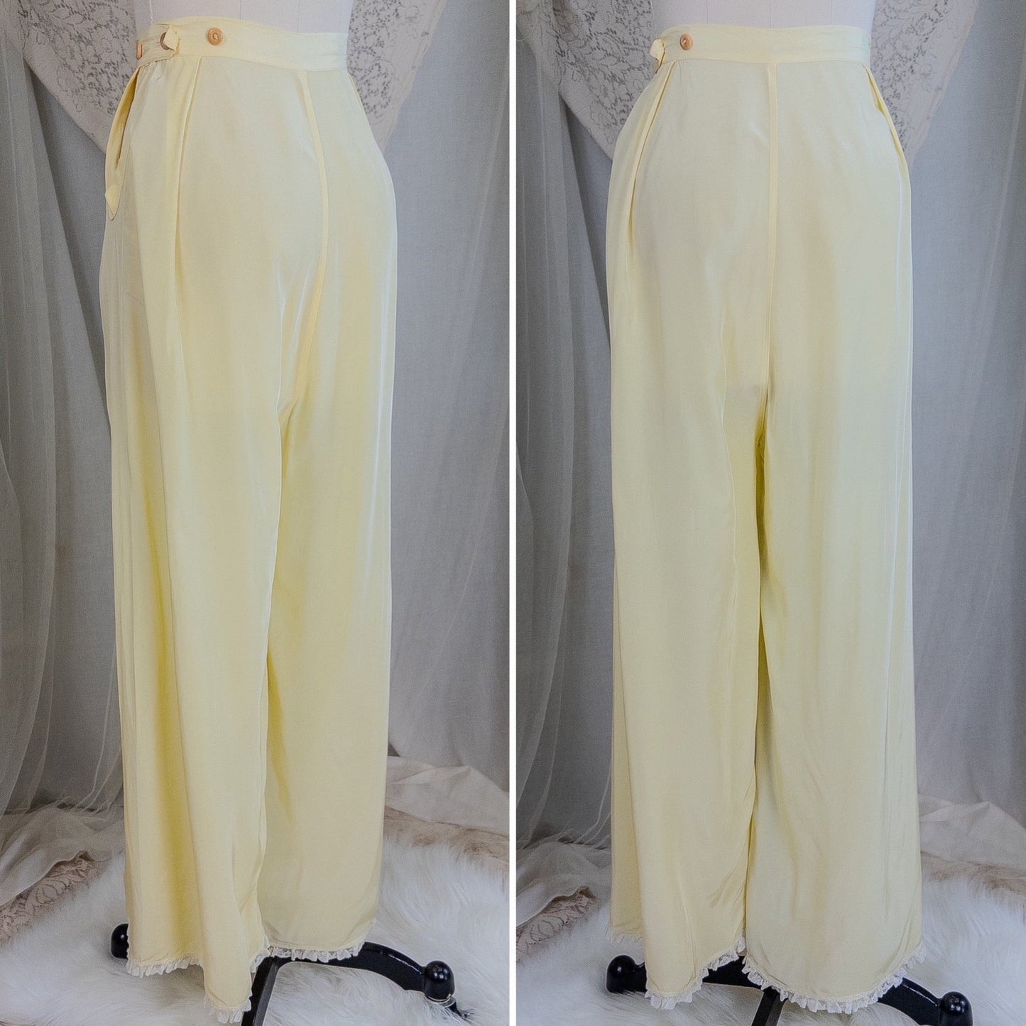 1940's Pajama Set - Daffodil Yellow Rayon with Ruffled White Lace by Seamprufe | Small, Medium - Daggers & Dames