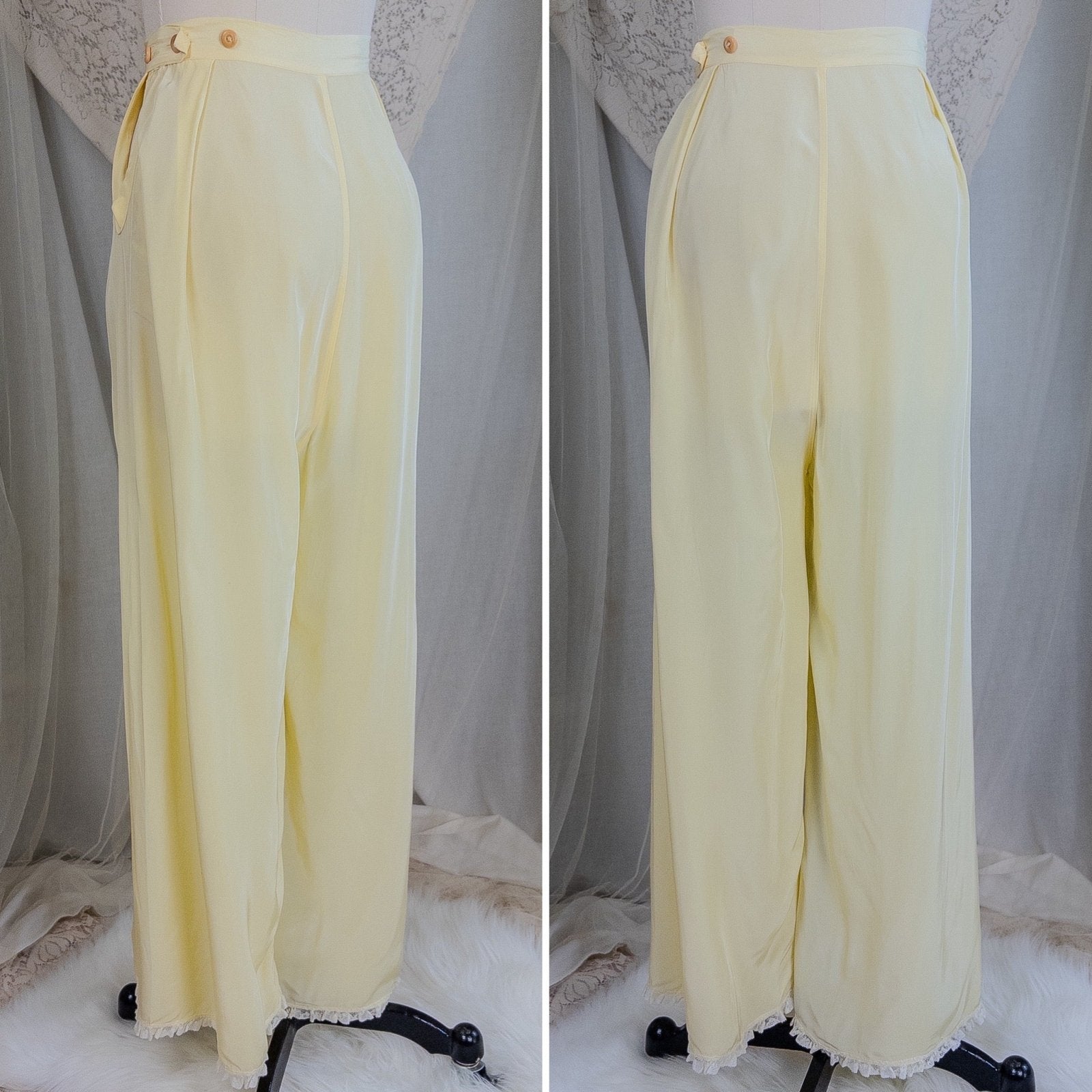 1940's Pajama Set - Daffodil Yellow Rayon with Ruffled White Lace by Seamprufe | Small, Medium - Daggers & Dames