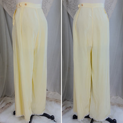 1940's Pajama Set - Daffodil Yellow Rayon with Ruffled White Lace by Seamprufe | Small, Medium - Daggers & Dames