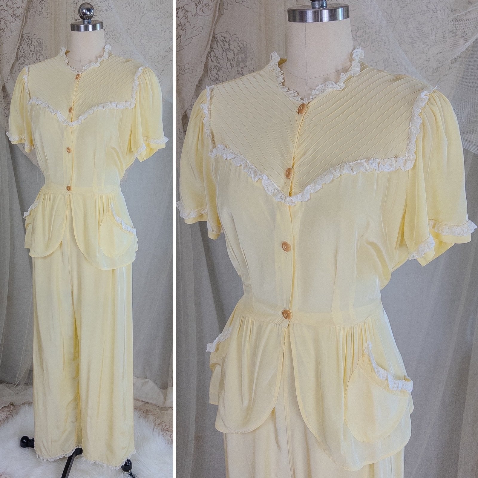 1940's Pajama Set - Daffodil Yellow Rayon with Ruffled White Lace by Seamprufe | Small, Medium - Daggers & Dames