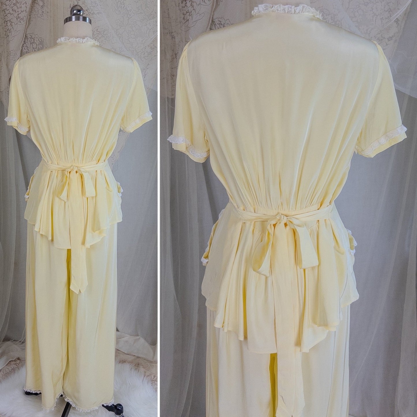 1940's Pajama Set - Daffodil Yellow Rayon with Ruffled White Lace by Seamprufe | Small, Medium - Daggers & Dames