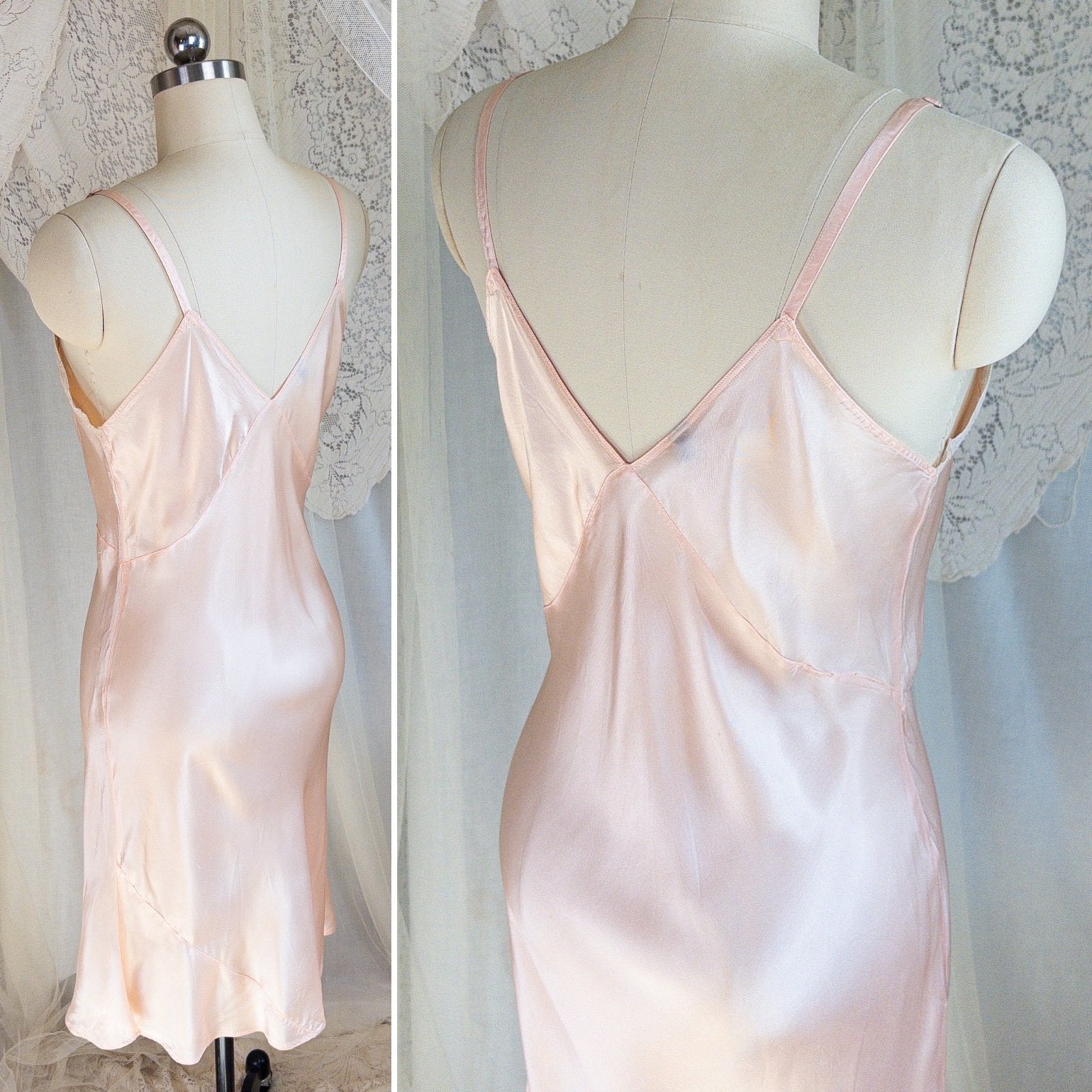 1940's Slip - Ballet Pink Rayon Satin with Ecru Lace & Satin Appliqués by Miss Deb - Daggers & Dames