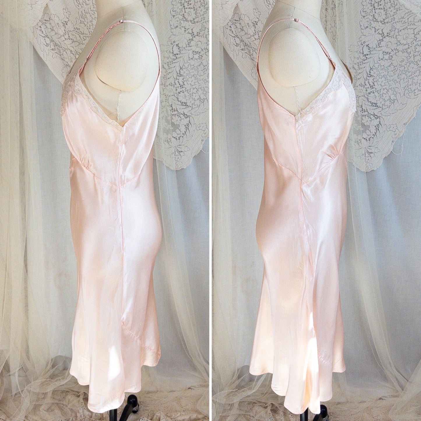 1940's Slip - Ballet Pink Rayon Satin with Ecru Lace & Satin Appliqués by Miss Deb - Daggers & Dames