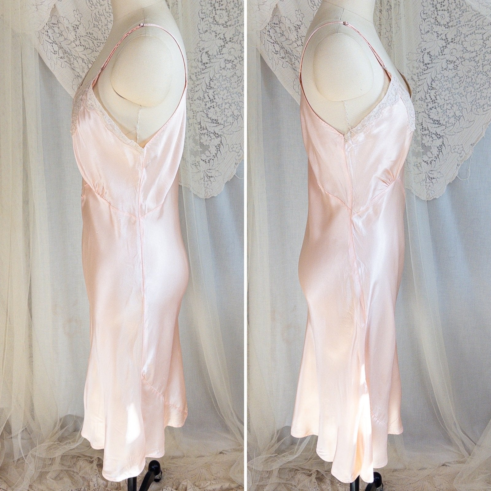 1940's Slip - Ballet Pink Rayon Satin with Ecru Lace & Satin Appliqués by Miss Deb - Daggers & Dames