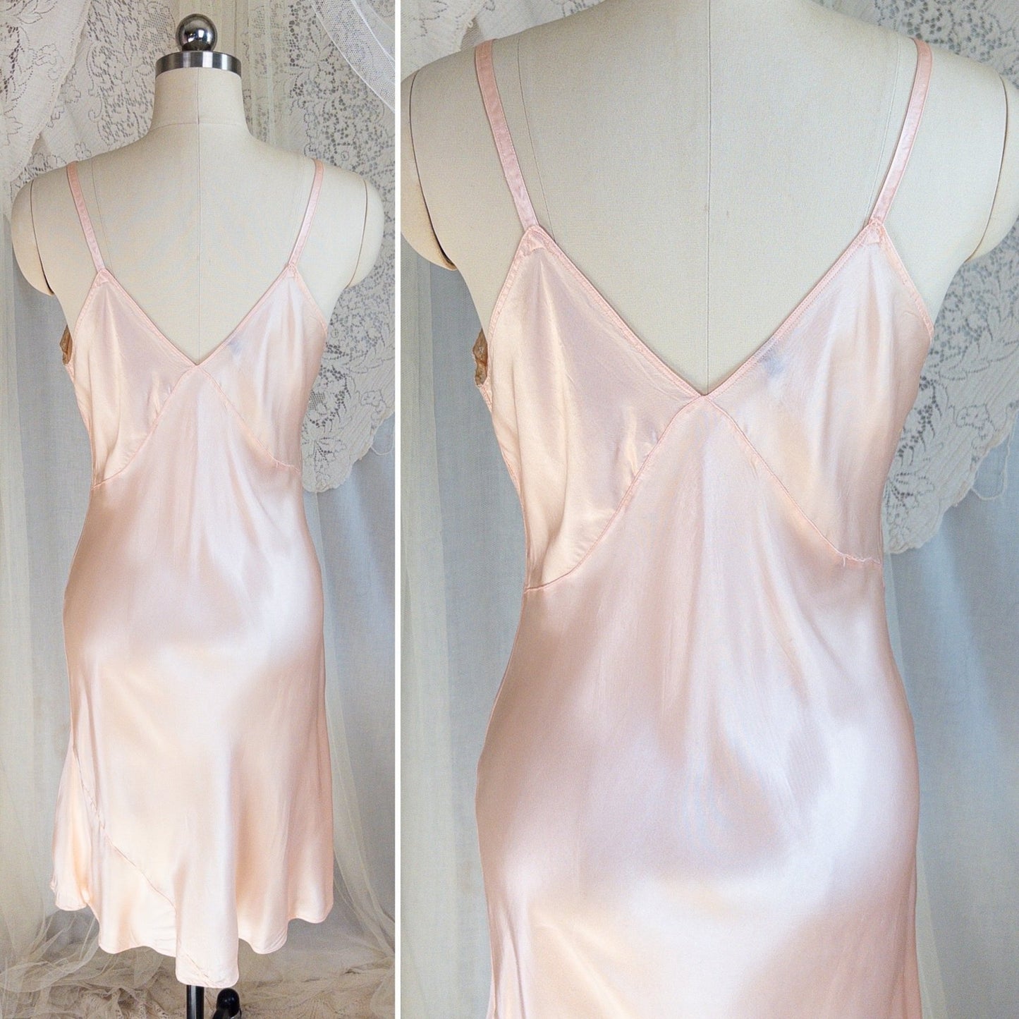 1940's Slip - Ballet Pink Rayon Satin with Ecru Lace & Satin Appliqués by Miss Deb - Daggers & Dames
