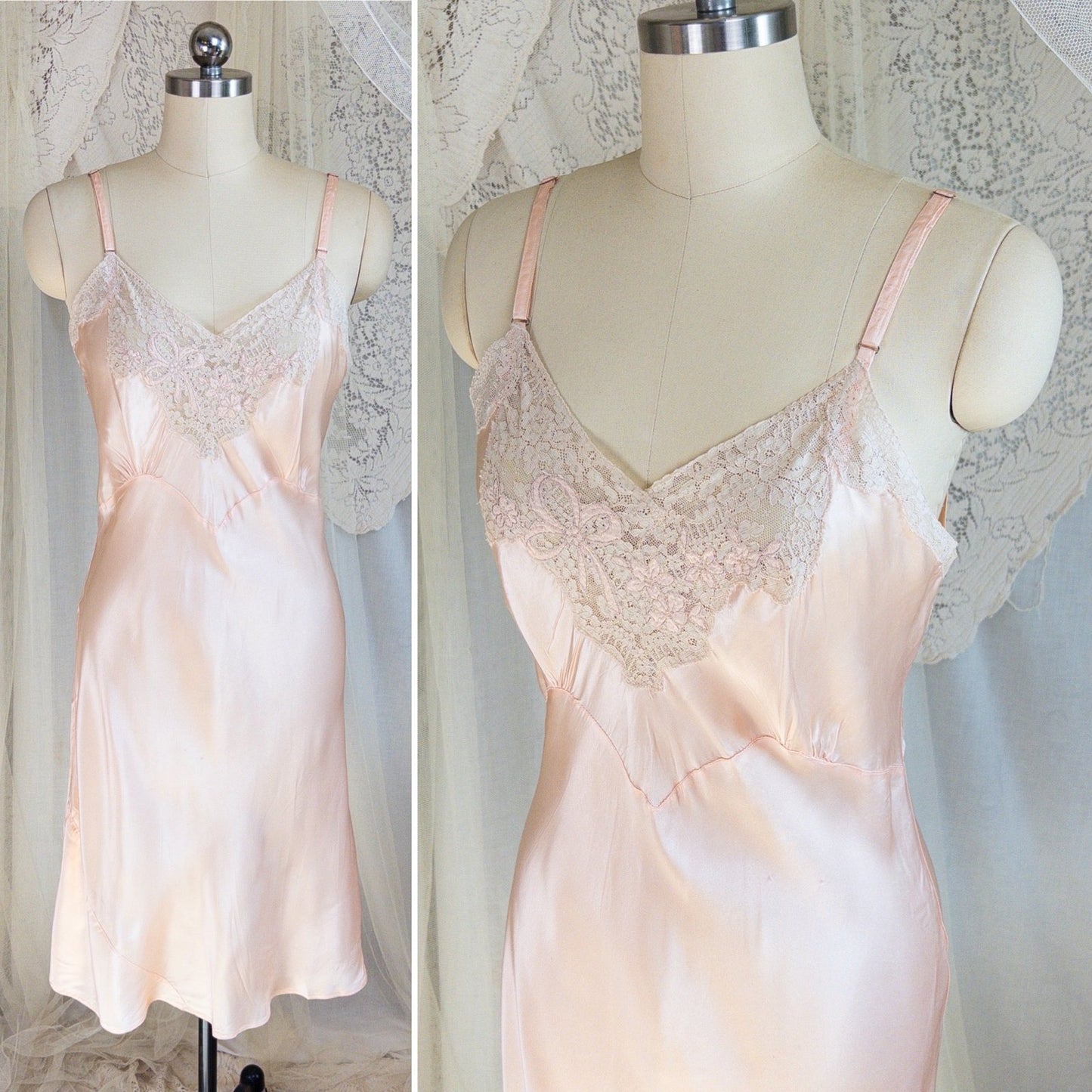 1940's Slip - Ballet Pink Rayon Satin with Ecru Lace & Satin Appliqués by Miss Deb - Daggers & Dames