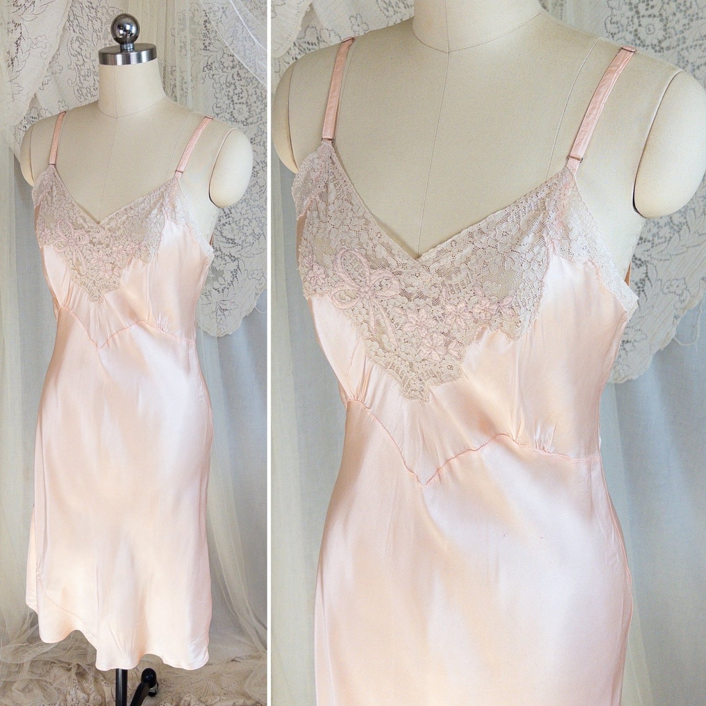 1940's Slip - Ballet Pink Rayon Satin with Ecru Lace & Satin Appliqués by Miss Deb - Daggers & Dames