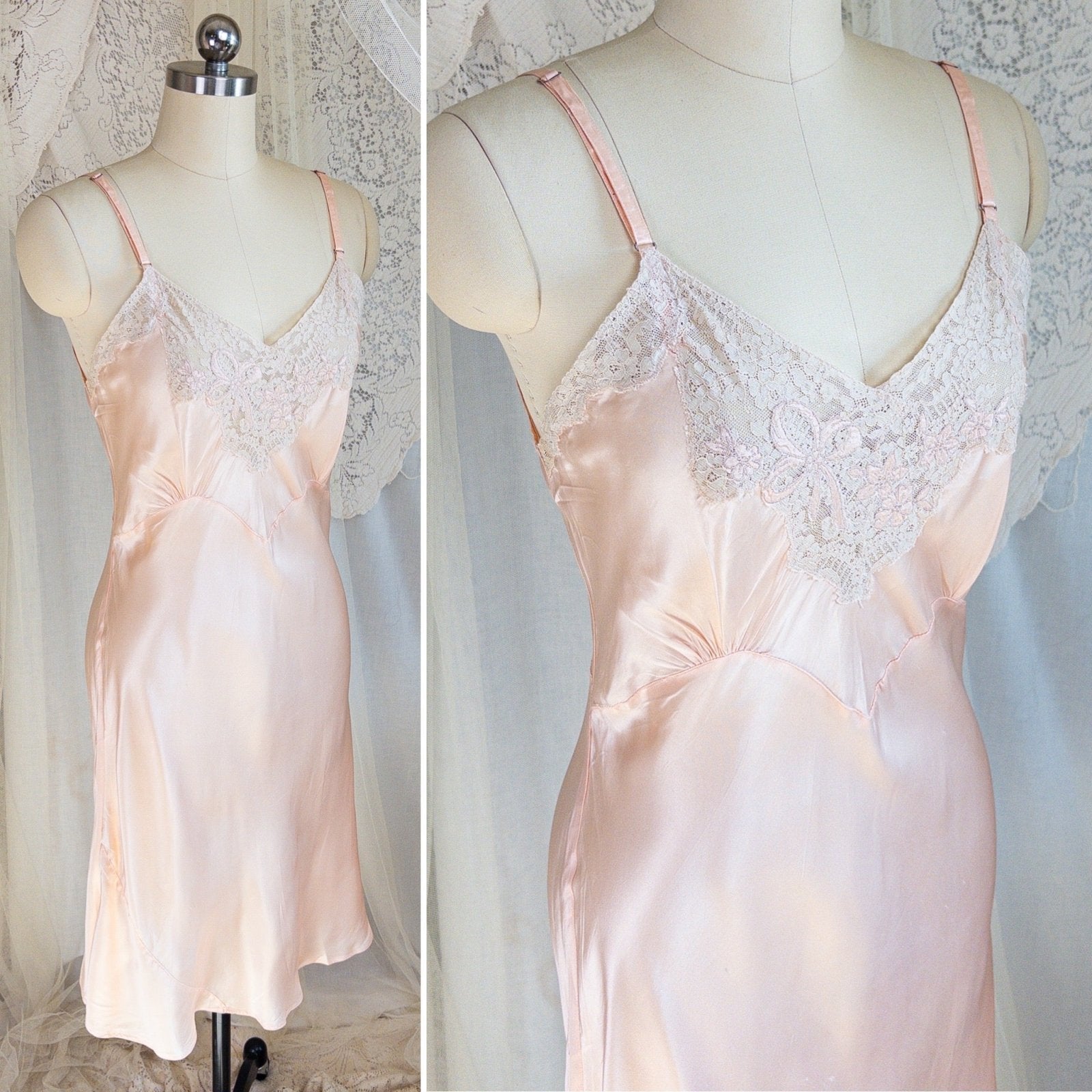 1940's Slip - Ballet Pink Rayon Satin with Ecru Lace & Satin Appliqués by Miss Deb - Daggers & Dames