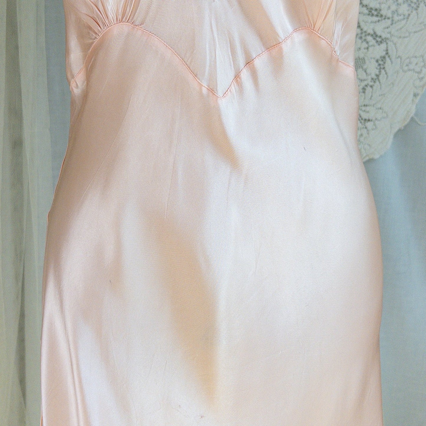 1940's Slip - Ballet Pink Rayon Satin with Ecru Lace & Satin Appliqués by Miss Deb - Daggers & Dames