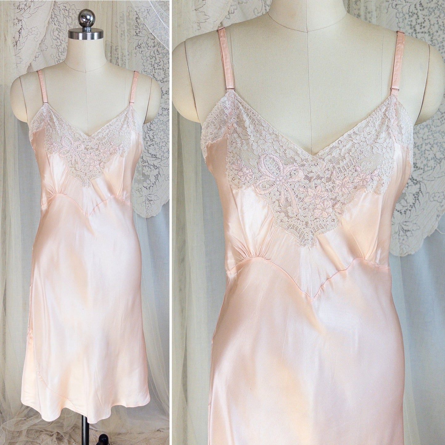 1940's Slip - Ballet Pink Rayon Satin with Ecru Lace & Satin Appliqués by Miss Deb - Daggers & Dames