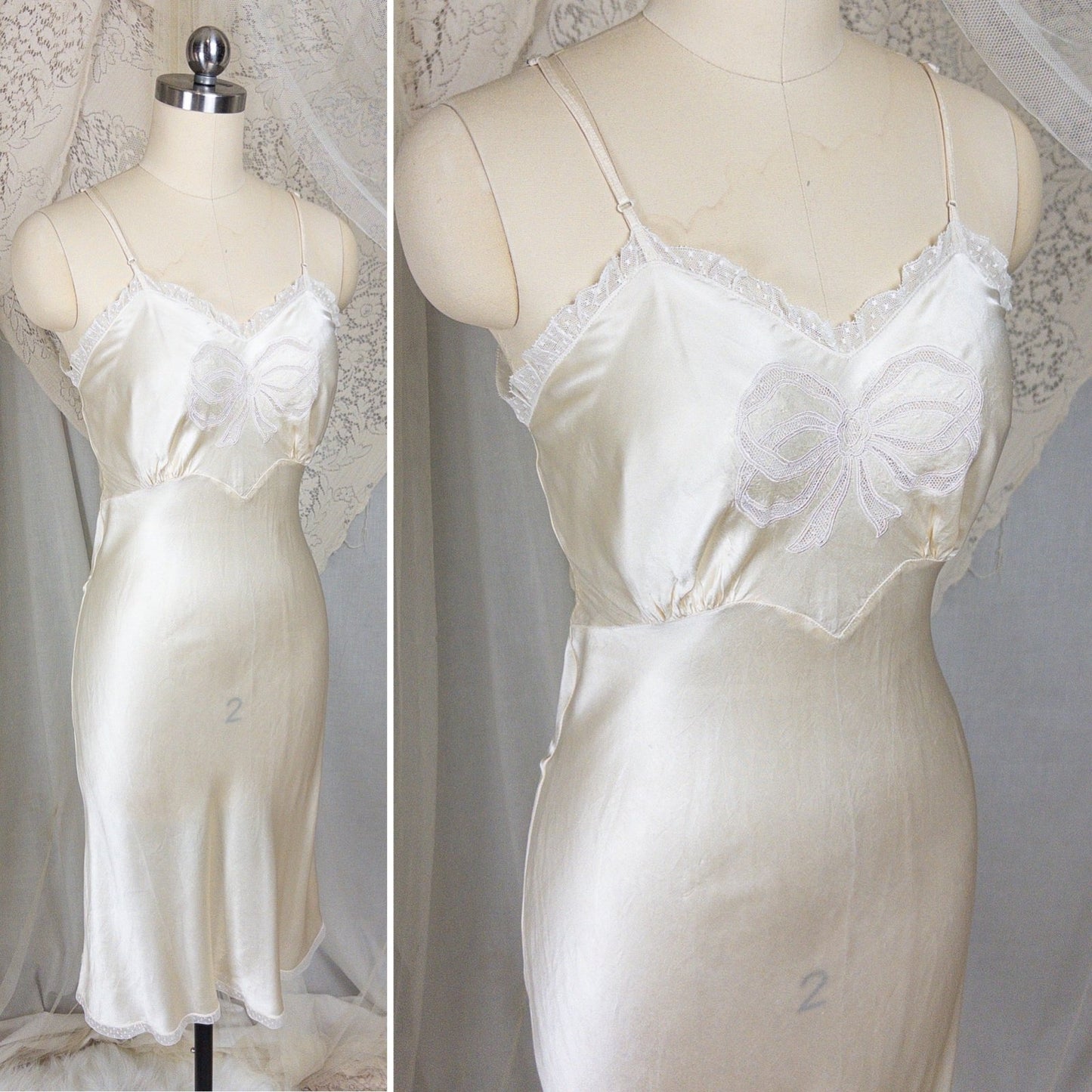 1940s Slip - Pearlescent Ivory Silk Satin with Ruffled Bobbin Lace by Laura Lane | XS - Daggers & Dames