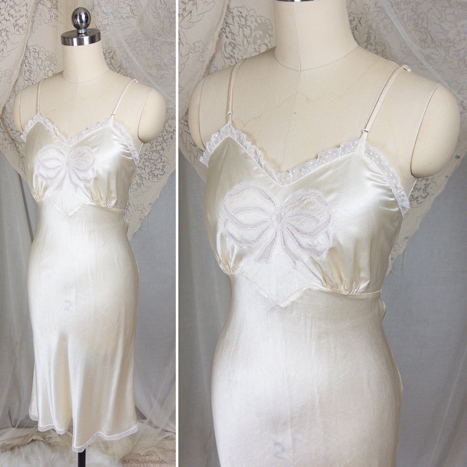 1940s Slip - Pearlescent Ivory Silk Satin with Ruffled Bobbin Lace by Laura Lane | XS - Daggers & Dames