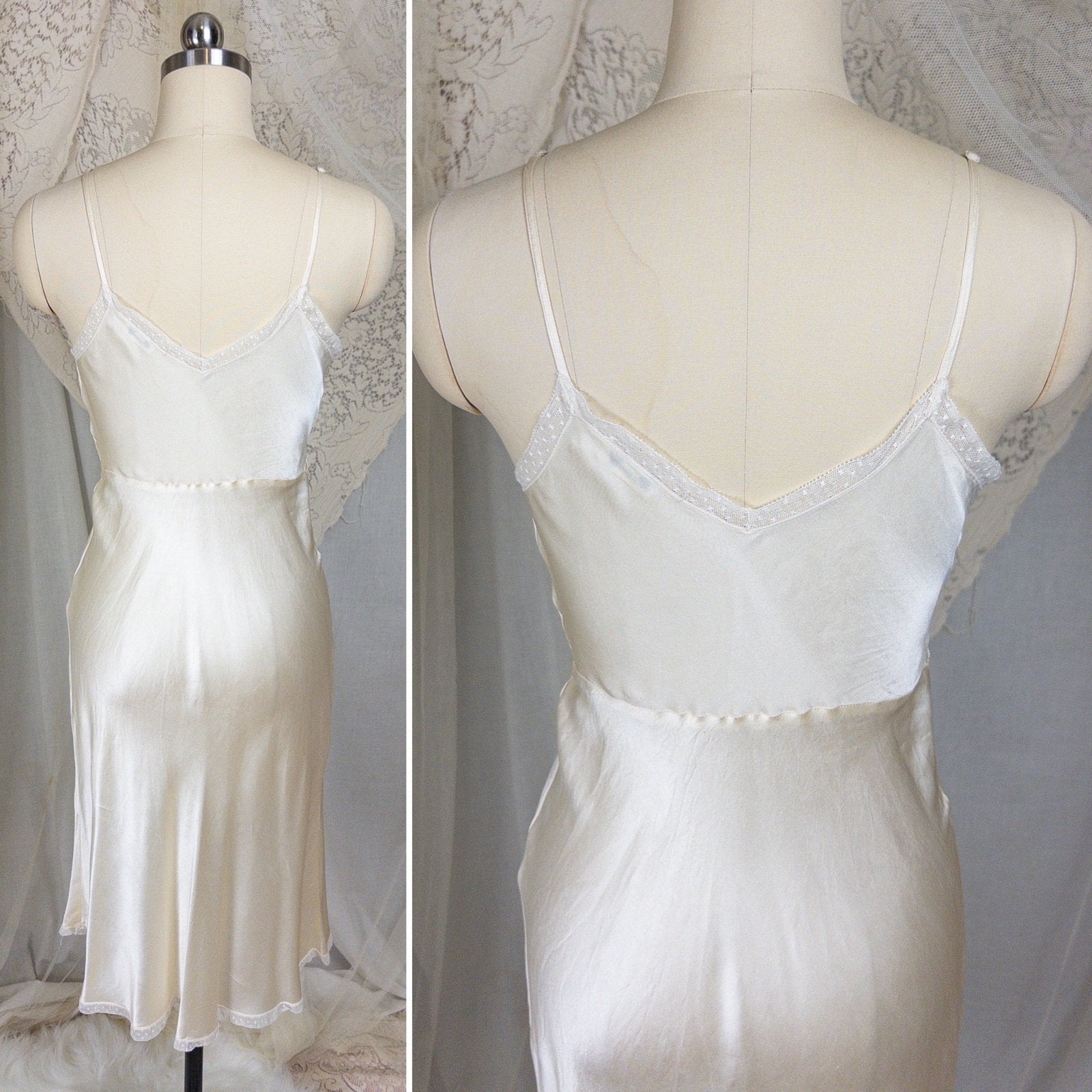 1940s Slip - Pearlescent Ivory Silk Satin with Ruffled Bobbin Lace by Laura Lane | XS - Daggers & Dames