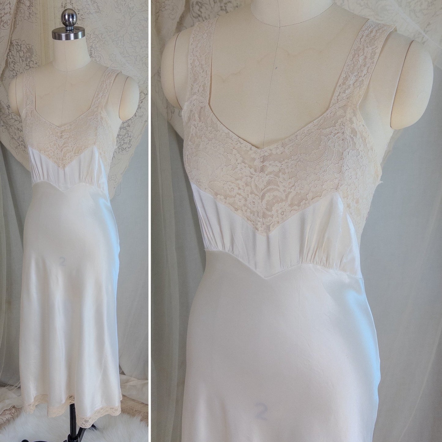 1940's Slip - Pearly White Rayon Satin with Ivory Cotton Lace by Fischer Heavenly Lingerie | XS - Daggers & Dames