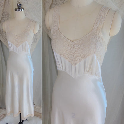 1940's Slip - Pearly White Rayon Satin with Ivory Cotton Lace by Fischer Heavenly Lingerie | XS - Daggers & Dames