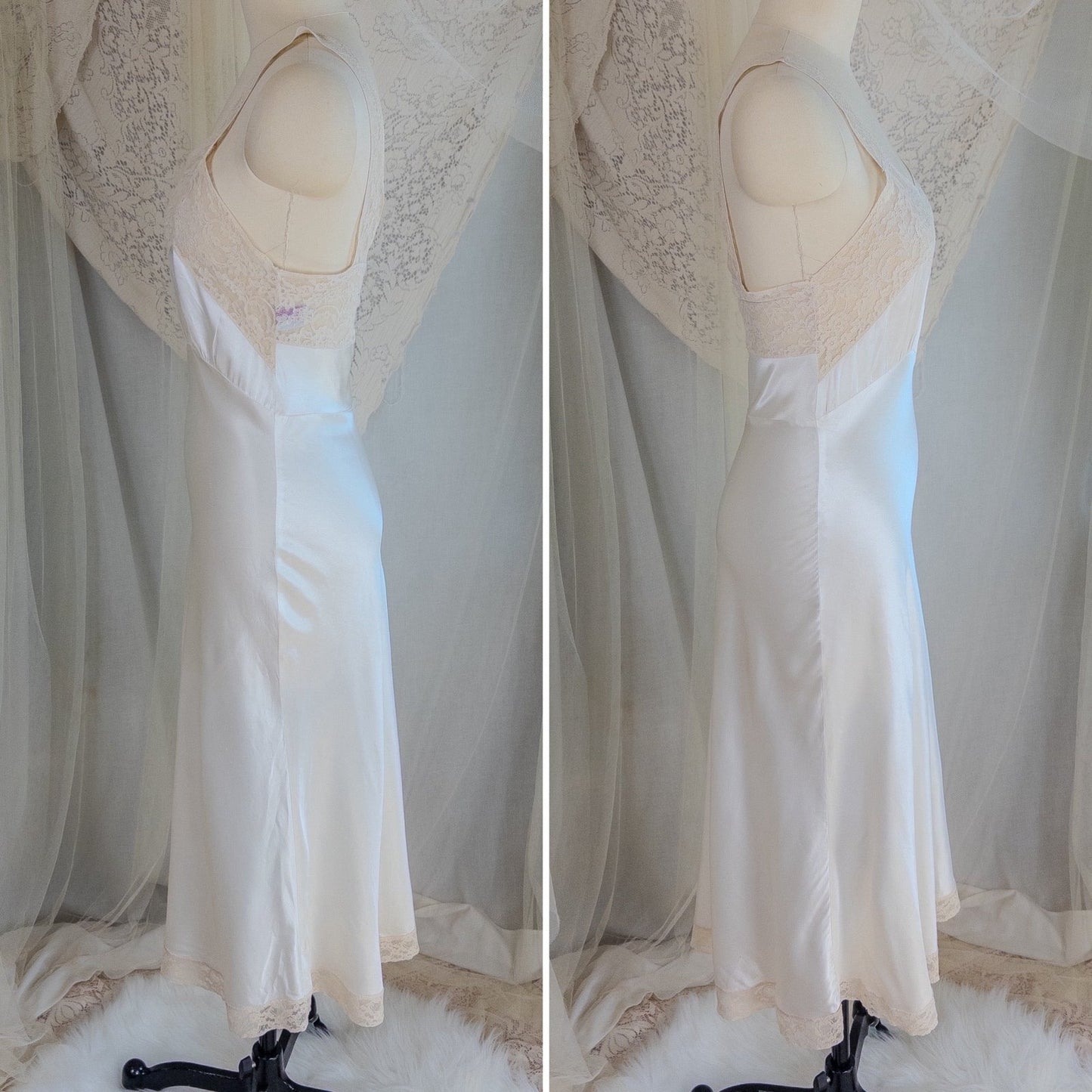 1940's Slip - Pearly White Rayon Satin with Ivory Cotton Lace by Fischer Heavenly Lingerie | XS - Daggers & Dames