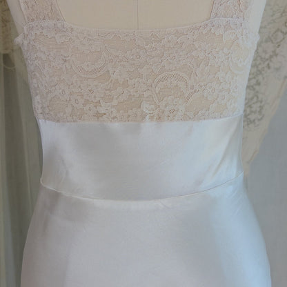 1940's Slip - Pearly White Rayon Satin with Ivory Cotton Lace by Fischer Heavenly Lingerie | XS - Daggers & Dames