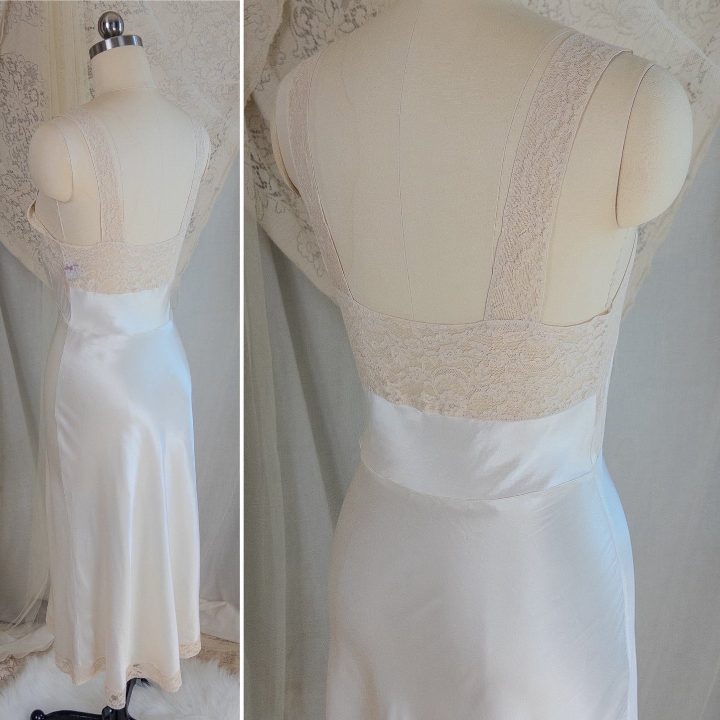 1940's Slip - Pearly White Rayon Satin with Ivory Cotton Lace by Fischer Heavenly Lingerie | XS - Daggers & Dames
