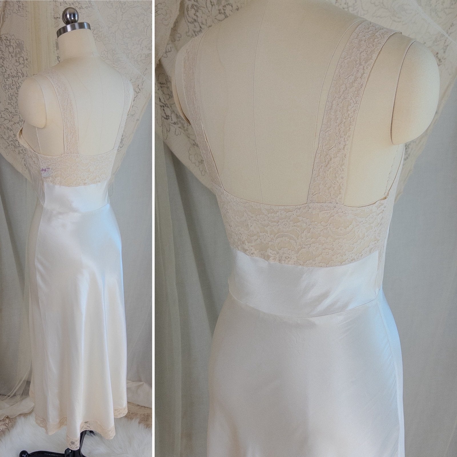 1940's Slip - Pearly White Rayon Satin with Ivory Cotton Lace by Fischer Heavenly Lingerie | XS - Daggers & Dames