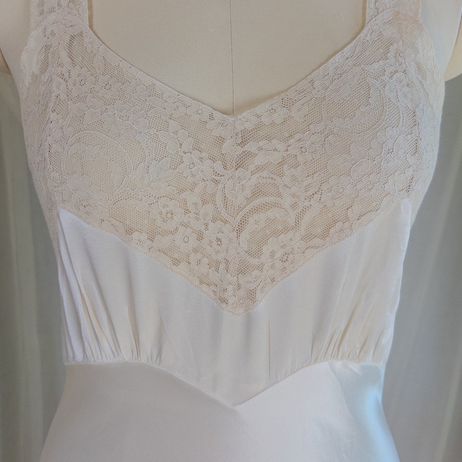 1940's Slip - Pearly White Rayon Satin with Ivory Cotton Lace by Fischer Heavenly Lingerie | XS - Daggers & Dames