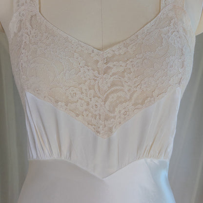 1940's Slip - Pearly White Rayon Satin with Ivory Cotton Lace by Fischer Heavenly Lingerie | XS - Daggers & Dames