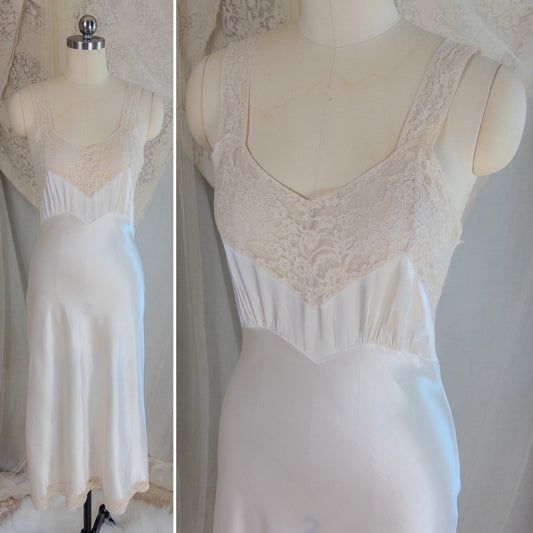 1940's Slip - Pearly White Rayon Satin with Ivory Cotton Lace by Fischer Heavenly Lingerie | XS - Daggers & Dames
