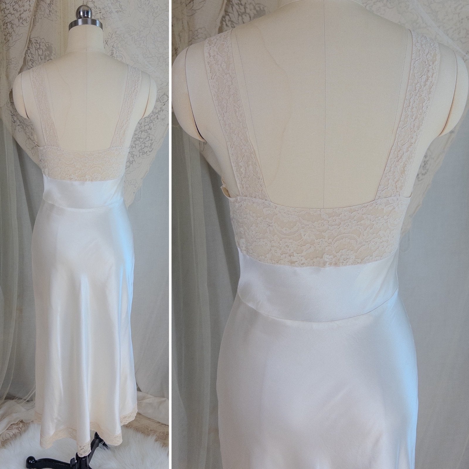 1940's Slip - Pearly White Rayon Satin with Ivory Cotton Lace by Fischer Heavenly Lingerie | XS - Daggers & Dames